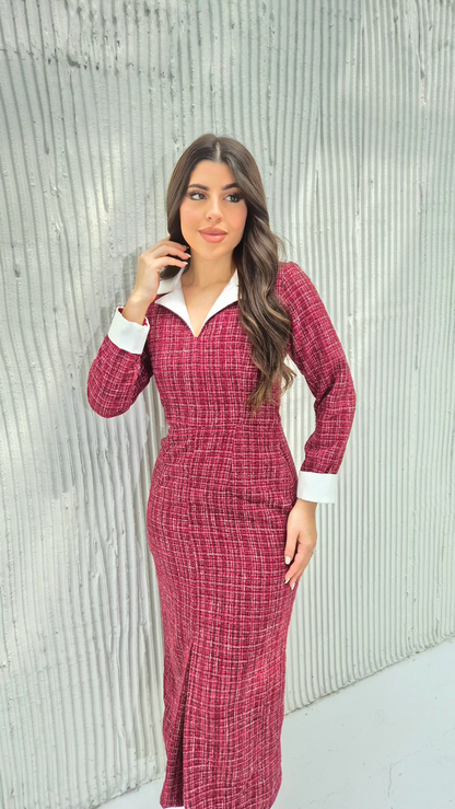 Close-up of red tweed midi dress featuring white cuffs and a polished collar design