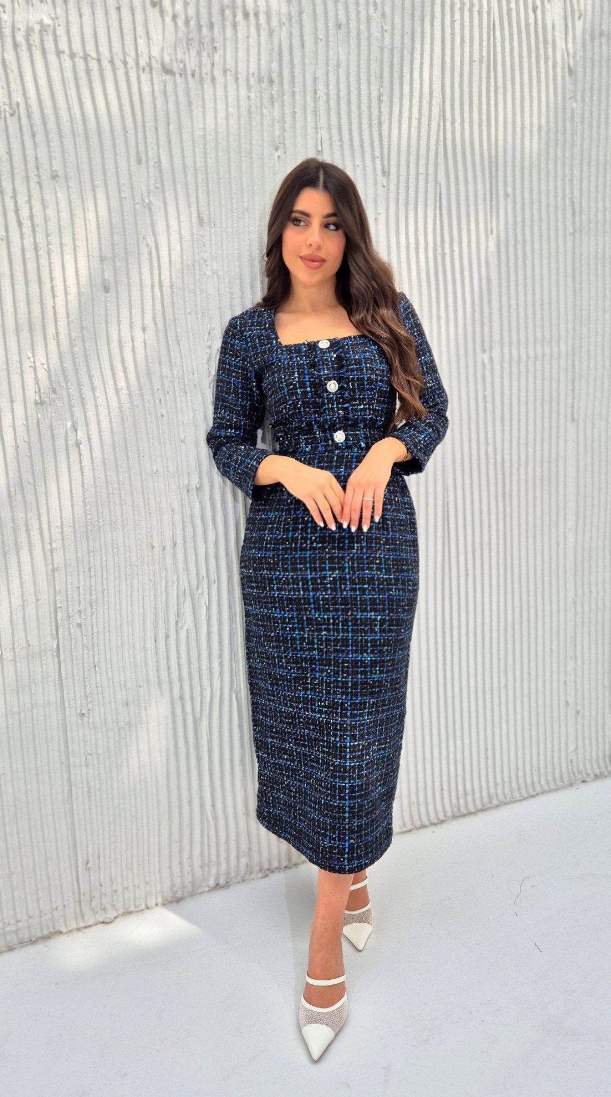 Classic tweed midi dress with pearl buttons and square neckline