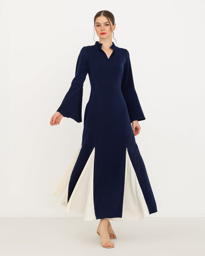 Elegant navy and off-white Sapphire maxi dress with flared design