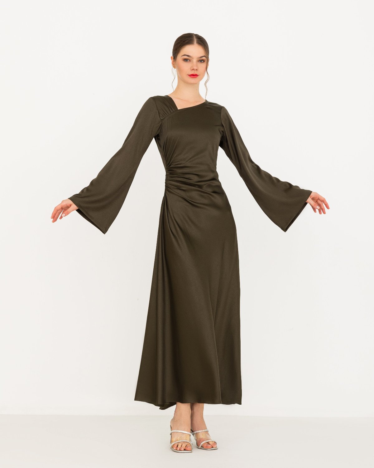 Luxurious Jade satin maxi dress with asymmetric neckline and pleated sides