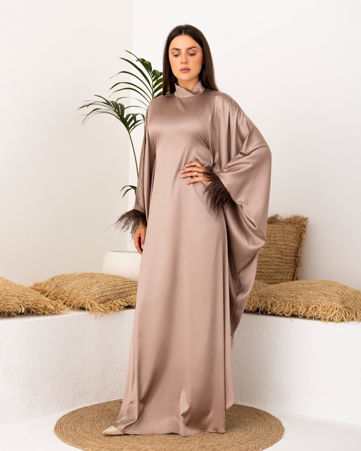 Luxurious khaki Armani satin kaftan with belt and scarf.