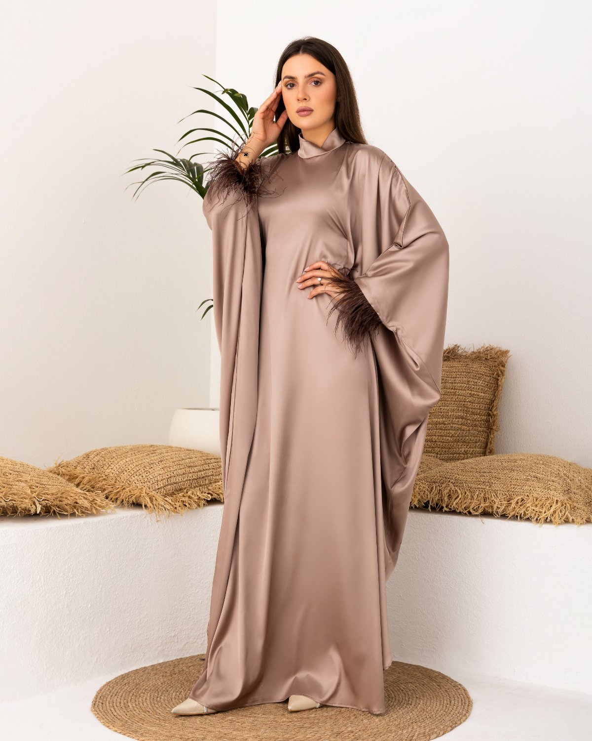 Modest khaki satin kaftan with feathered cuffs and free scarf.