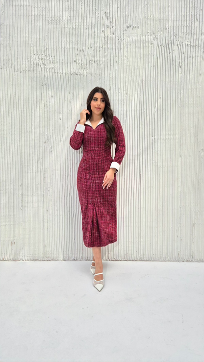 Full-body view of the Scarlet Tweed Midi Dress styled with subtle accessories for a classic look.