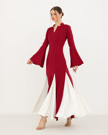 Long sleeve red dress with elegant off-white panels