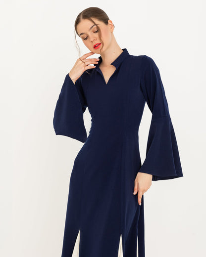 Navy blue A-line maxi dress with contrast flared hem for formal events