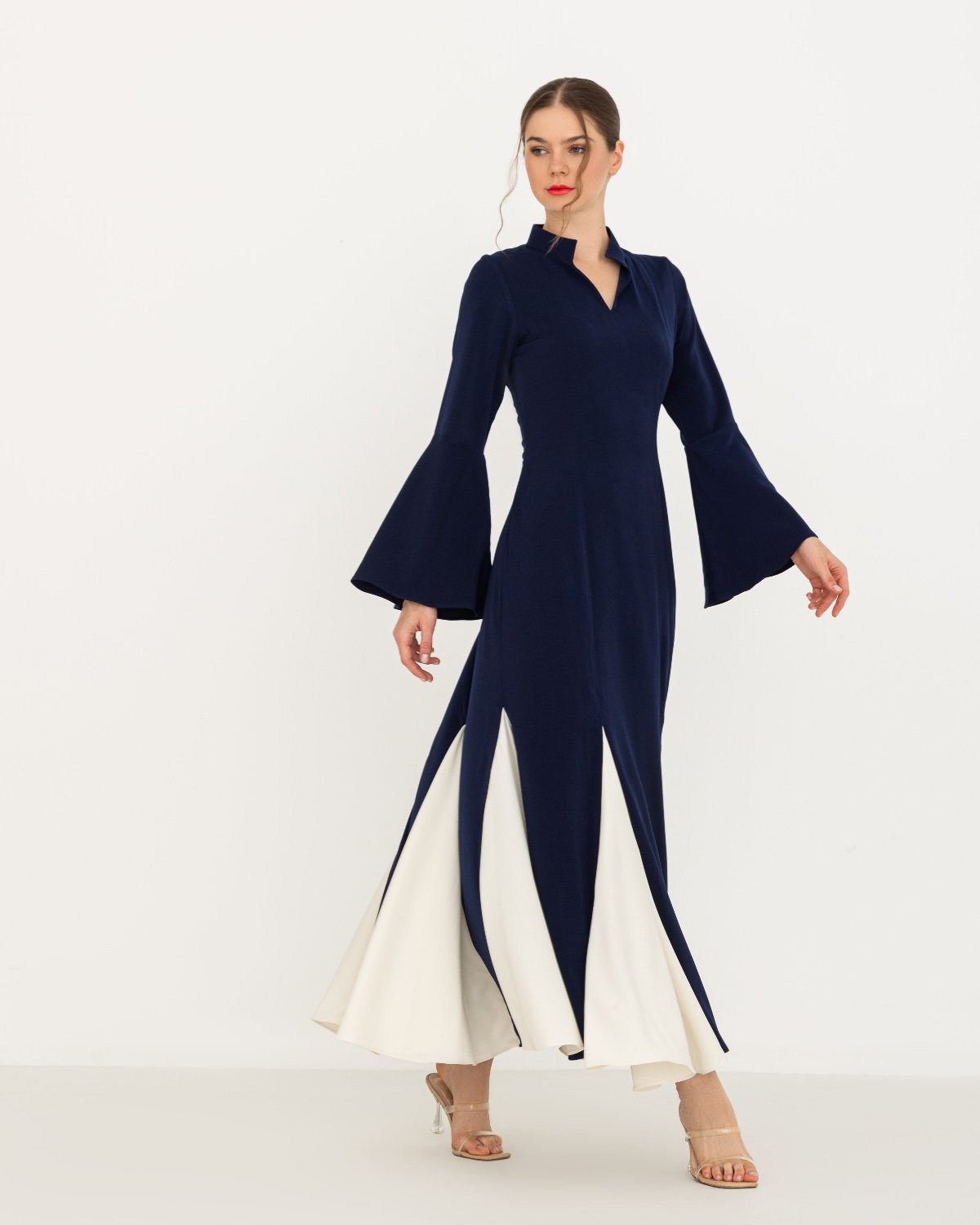 Navy blue Sapphire maxi dress with off-white flared hem and bell sleeves