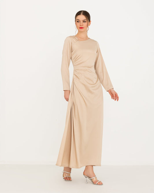 SERENA dress in luxurious satin with side pleats and asymmetric neckline