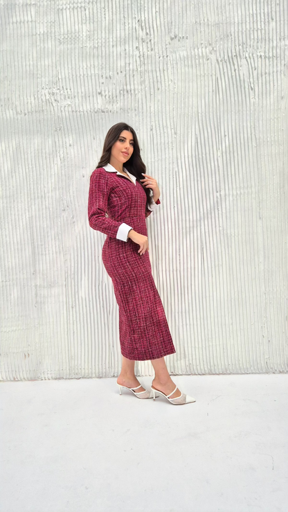 side view of red tweed midi dress featuring white cuffs and a polished collar design